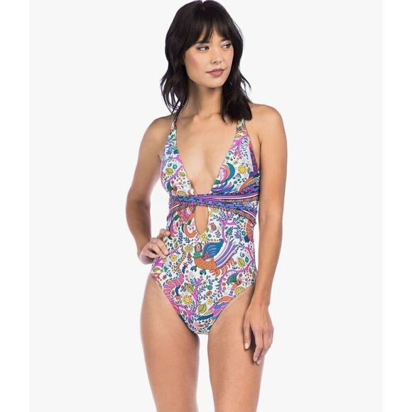 Trina Turk Jungle Beach Print Cross Back One Piece Halter Swimsuit US 12 - Picture 1 of 9